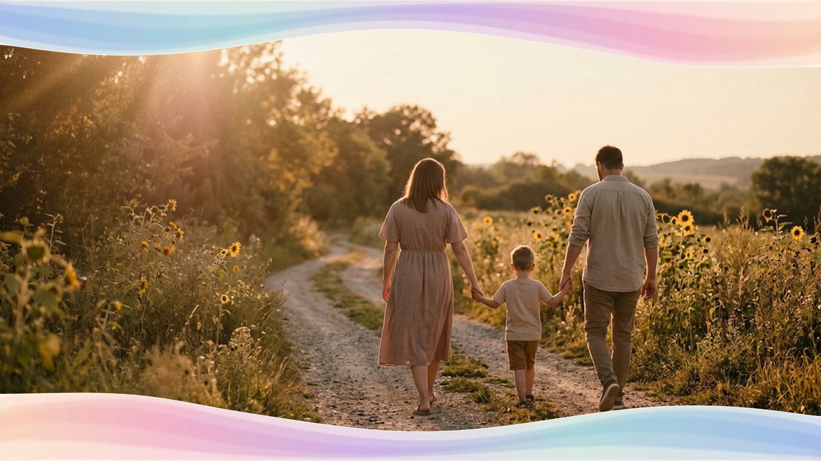 A mother, a father and a young child walking hand in hand along a country path at sunset, seen from behind